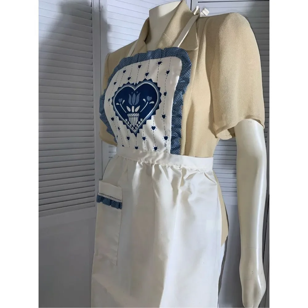 NWOT Vintage Full Apron Blue Country Kitchen Blue Hearts Adult Size‎